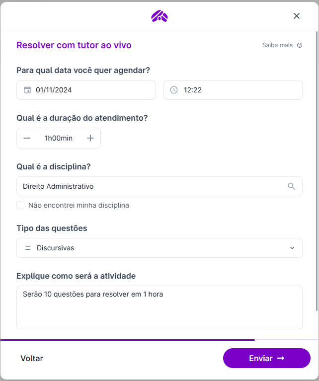 Captura de tela do campo para resolver com tutor