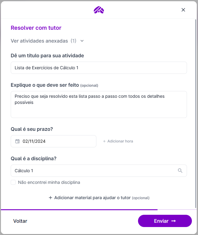 Captura de tela do campo para resolver com tutor